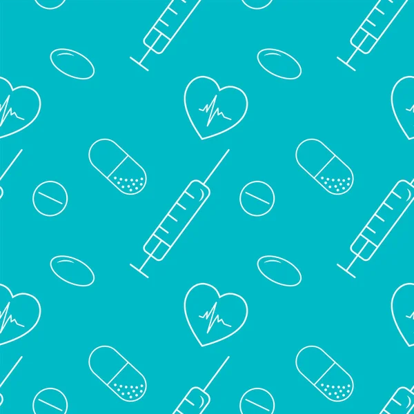 Seamless pattern. Pills, pills, doctor\'s tools white on a green background.