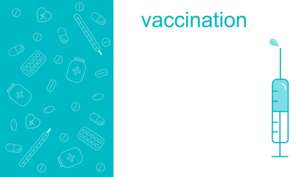 Vaccinazione Banner. L'immagine di una siringa sullo sfondo di un modello di compresse e pillole. Grafica vettoriale . — Vettoriale Stock