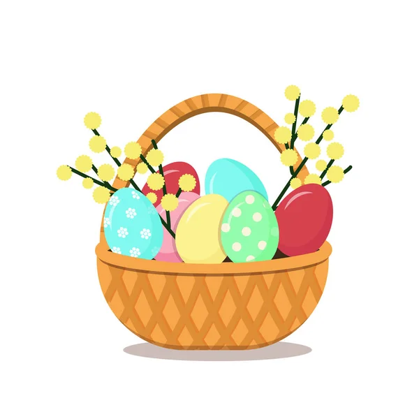 Pasen rieten mand met beschilderde eieren en een tak van Mimosa bloemen. Geïsoleerd op witte achtergrond. Voorraadvectorafbeeldingen — Stockvector