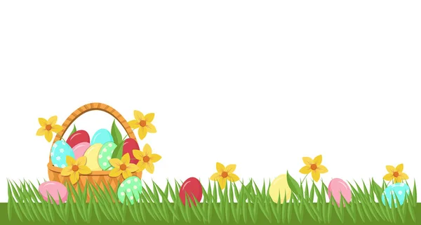 Background, banner. An Easter wicker basket, with painted eggs and daffodil flowers, stands on the green grass. Eggs are lying next to it. Vector graphics — Stock Vector