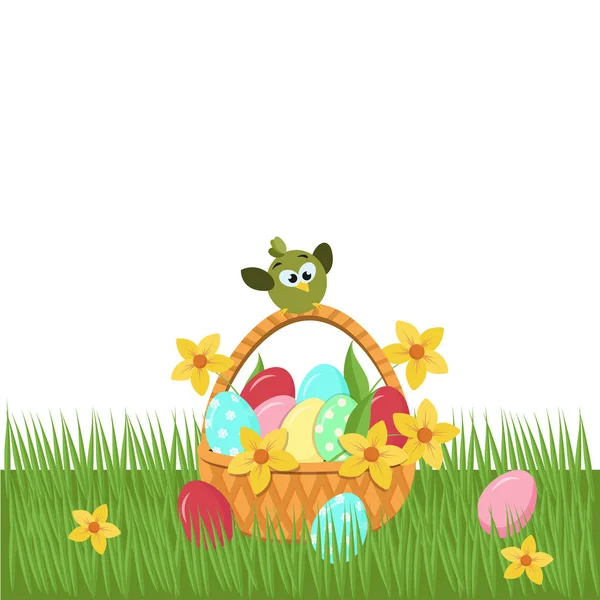 Op het groene gras staat een rieten paasmandje met beschilderde eieren en narcisbloemen. Een vogel zit op een mandje, eieren liggen ernaast. vectorgrafieken — Stockvector