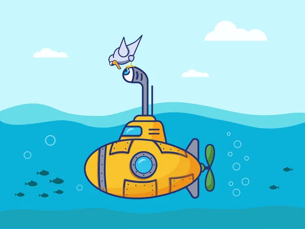 Ilustración Submarino Amarillo Navega Hacia Mar Pájaro Sienta Periscopio Mira — Vector de stock