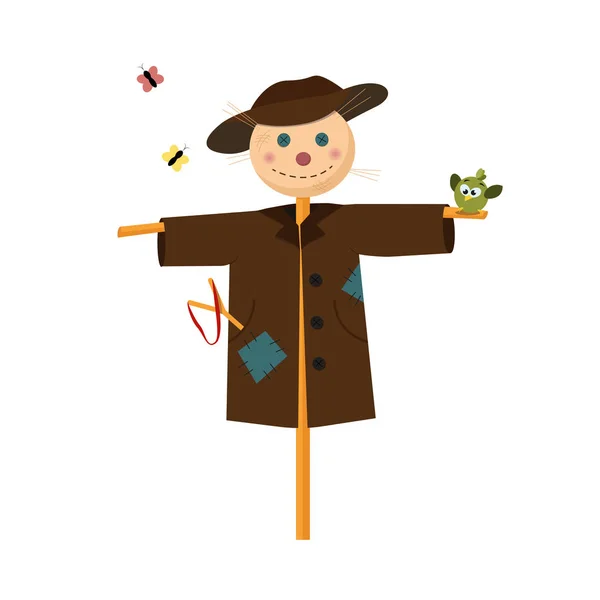 Scarecrow garden in a brown jacket with patches and a hat, in the pocket of a slingshot. Butterflies flying around and the bird sits. — Stock vektor