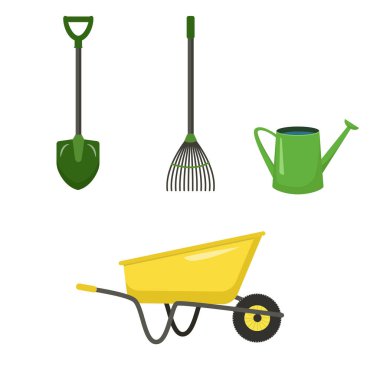 Çevre düzenlemesi veya hasat için yeşil arkaplan üzerinde izole parlak renkli bahçe araçları