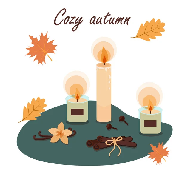 Уютная иллюстрация с элементами Hygge осени - свечи, корица, гвоздика, ваниль — стоковый вектор