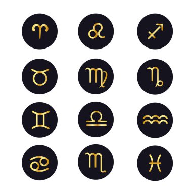 Astrolojik yıldız falı için burç simgeleri. Koyu bir arka planda altın. Stok vektör grafikleri