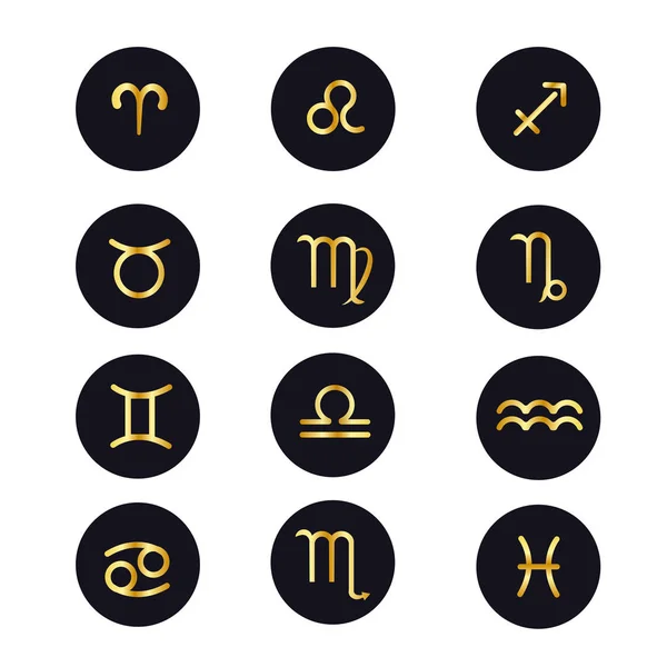 Pictogrammen Tekenen van de dierenriem voor de astrologische horoscoop. Goud op een donkere achtergrond. Voorraadvectorafbeeldingen — Stockvector