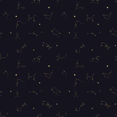 Kusursuz desen - Zodyak takımyıldızları, siyah arka planda altın rengi..