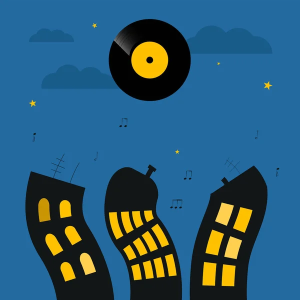 Ilustración - siluetas danzantes de casas en la ciudad nocturna sobre el fondo del disco. Gráficos vectoriales — Vector de stock