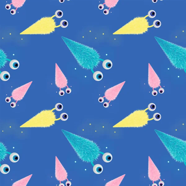 A seamless pattern with funny fluffy monsters on a blue background — Stock Photo, Image