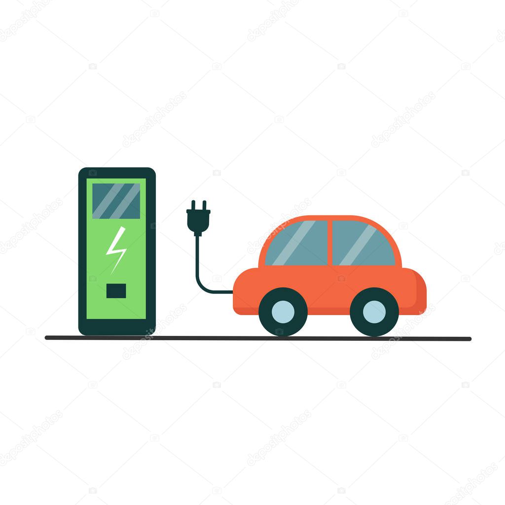 Electric car and gas station, symbol. Isolated on a white background. Stock vector graphics.