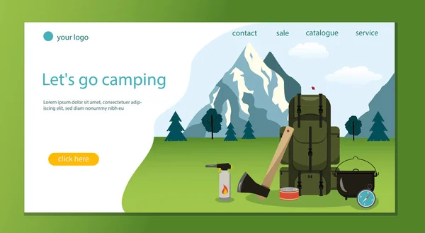 Landing page concepts and web design. Hiking backpack on the background of mountains. Next to it are an axe, a pot, a gas cylinder, a can, and a compass. Stock vector graphics — Stock Vector