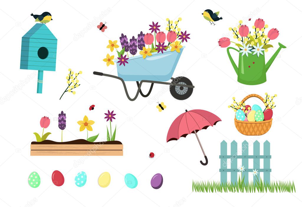Vector spring set of elements-flowers, birds, birdhouse, Easter eggs, wicker basket - for design. Isolated on a white background. Stock vector graphics.