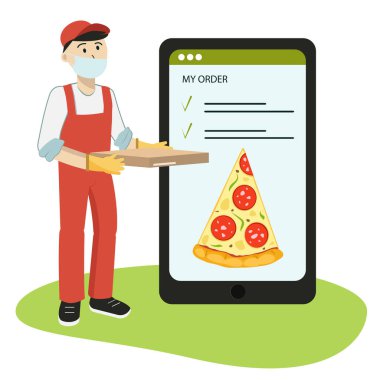 Pizza sipariş etme konsepti. Temassız teslimat. Cep telefonunun arka planında maske ve eldivenli bir kurye, açık sipariş sayfası ve büyük bir dilim pizza. Stok vektör grafikleri.
