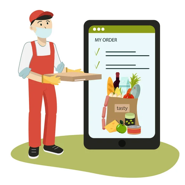 Das Konzept Lebensmittel Online Bestellen Kontaktlose Lieferung Ein Kurier Mit — Stockvektor