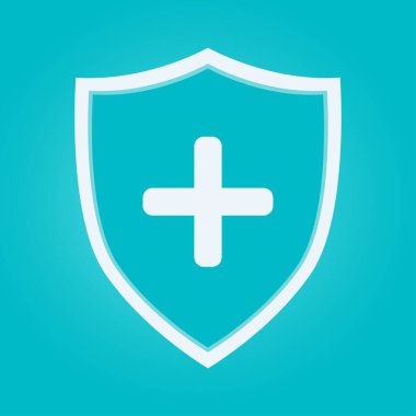 Yeşil arka planda sağlık haçı olan beyaz bir kalkan. Vektör grafikleri.