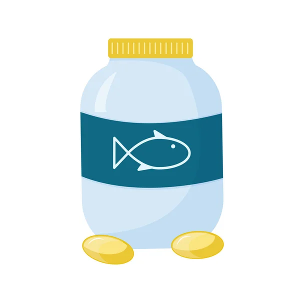 La bouteille et les capsules est de l'huile de poisson. Isolé sur fond blanc. Graphiques vectoriels, plat . — Image vectorielle