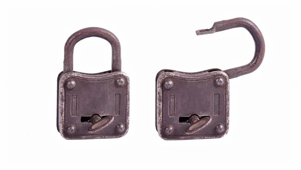 Old metal lock with key isolated on white background — Stock Photo, Image