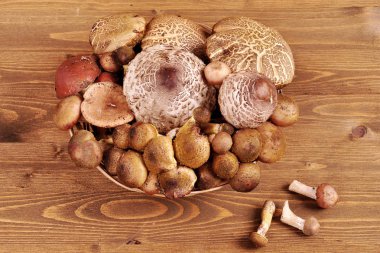 Orman mantar ahşap arka plan üzerinde bir hasır plaka.