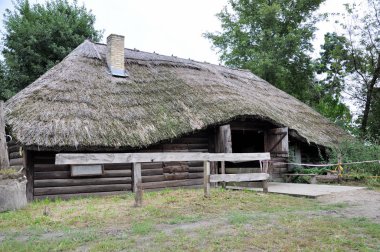 büyük eski ahşap ev bir thatched çatı atlar için.
