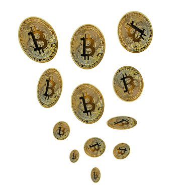 Beyaz bir arka plan üzerinde bir yükseklikten düşen Bitcoin paraları. 