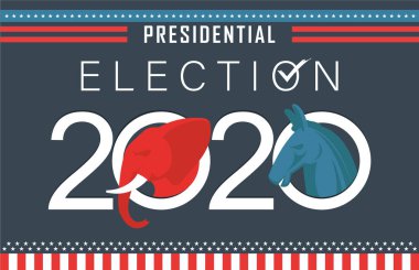 2020 yılı için karanlık bir geçmişi olan başkanlık seçim afişi. Demokratlar ve cumhuriyetçiler arasında Amerikan seçim kampanyası. Her iki siyasi partinin seçim sembolleri.