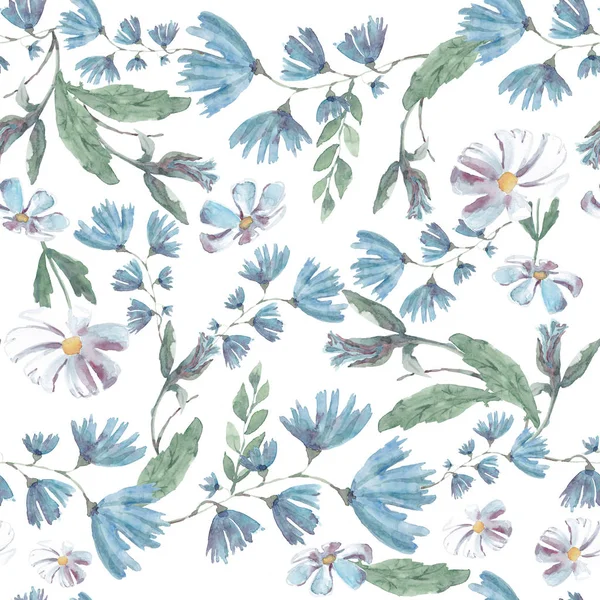 Suluboya Mavi Çiçek Deseni Beyaz Arka Planda Yeşil Saplı Beyaz — Stok fotoğraf