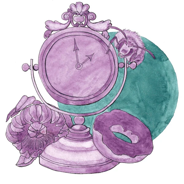 Watercolor Illustration Retro Watch Flower Bud Donut Lilac Color Turquoise — Stock Photo, Image