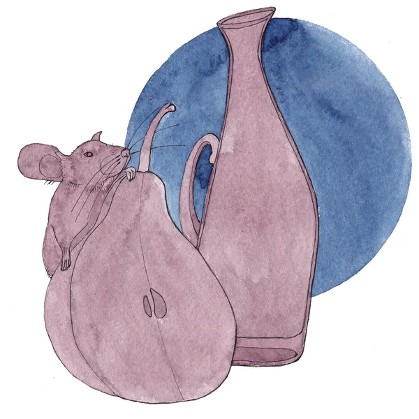 Akvarel Ilustrace Džbánu Hrušky Myši Šeříkové Barvě Modrém Pozadí — Stock fotografie