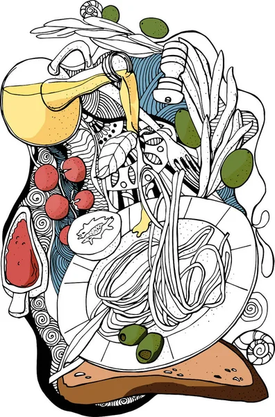 Векторная Иллюстрация Итальянской Кухни Графина Маслом Соусом Спагетти Другими Элементами — стоковый вектор