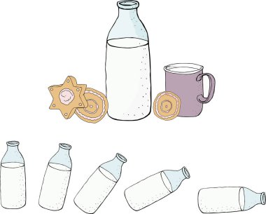 Süt şişesinin vektör çizimi ve kurabiye elementleri
