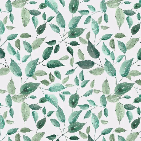 watercolor seamless pattern of whaite background.green birch leaves