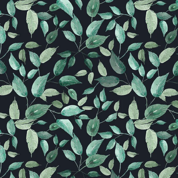 watercolor seamless pattern of green birct leaves on a darkbackground