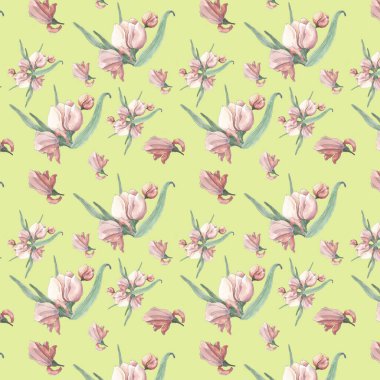 suluboya çizimi, yeşil arka planda pembe çiçeğin kusursuz deseni