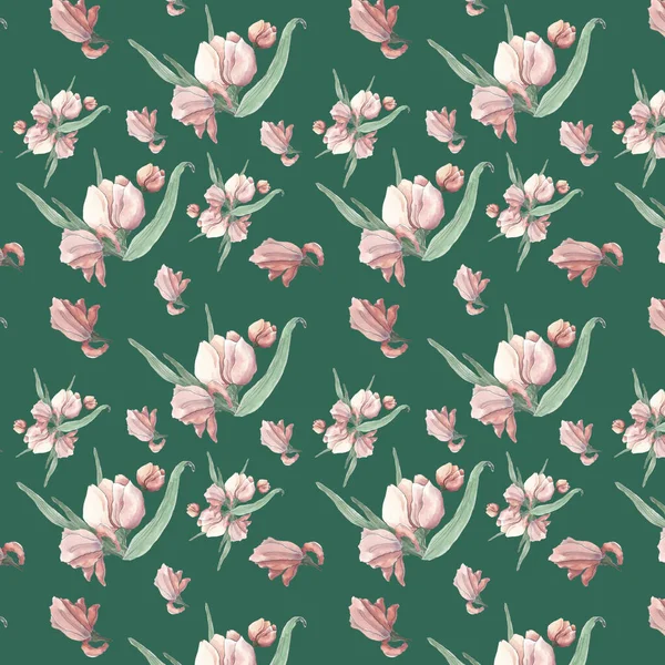 Ilustración Acuarela Patrón Sin Costuras Flores Rosadas Sobre Fondo Verde — Foto de Stock