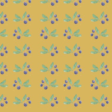 Sarı arka planda böğürtlen ve yaprakların kusursuz deseni suluboya çizimi
