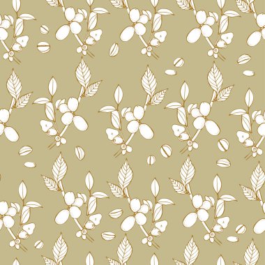 Kahve filizi ve kahveden yapılmış vektör çizimi kusursuz desen, retro tasarım.