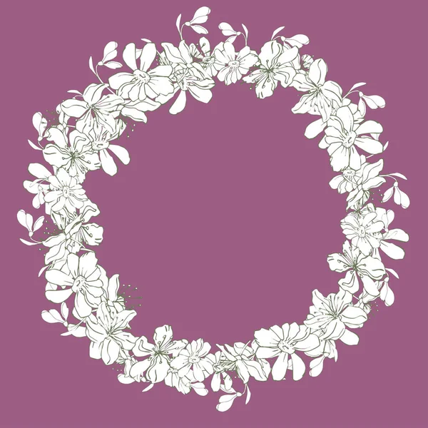 Vector Ilustración Delicada Corona Primavera Flores Blancas Sobre Fondo Púrpura — Archivo Imágenes Vectoriales