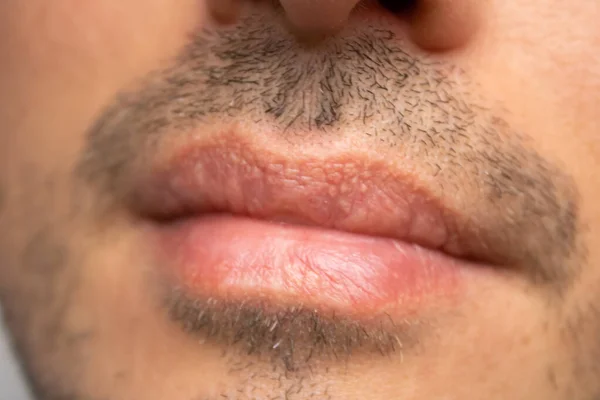 Erkek Nu Lips. Genç adam dudaklarını kapatıyor, erkek makyajı, erkek kılları....