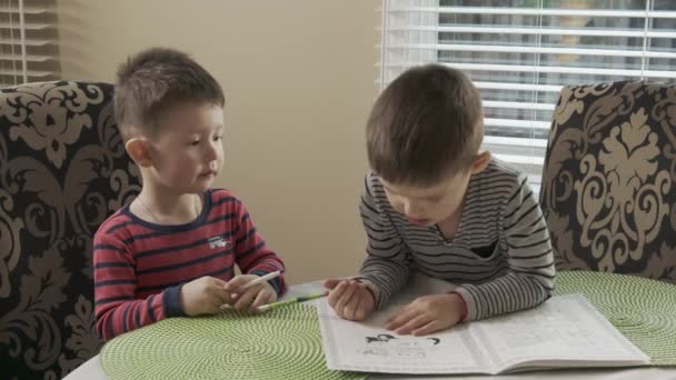 Deux petits frères sont assis à la table et dessinent ensemble sur la même coloration. Le frère aîné enseigne que les enfants heureux jouent ensemble là-bas frère cadet. Le jeune frère pleure et le — Video