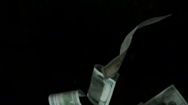4K Loopable 'daki siyah arka planda düşen Amerikan doları banknotları. 4K 'da yüksek kalitede düşen dolar banknotları. Görüntü Döngüsel