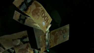 4K Loopable 'daki siyah arka planda düşen Amerikan doları banknotları. 4K 'da yüksek kalitede düşen dolar banknotları. Görüntü Döngüsel