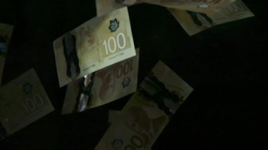 4K Loopable 'daki siyah arka planda düşen Amerikan doları banknotları. 4K 'da yüksek kalitede düşen dolar banknotları. Görüntü Döngüsel