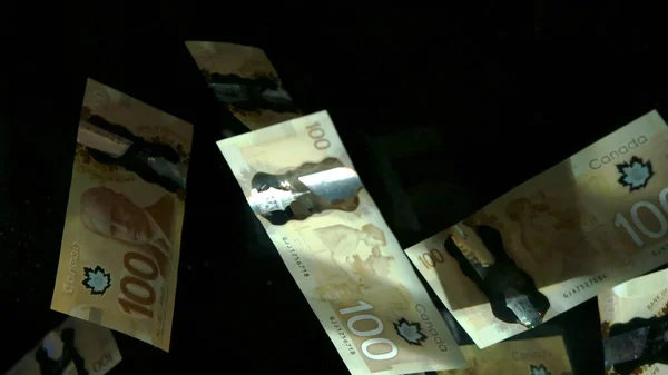 黒い背景にアメリカのカナダドル紙幣を飛んで落ちる。高品質の下落ドル紙幣 — ストック写真