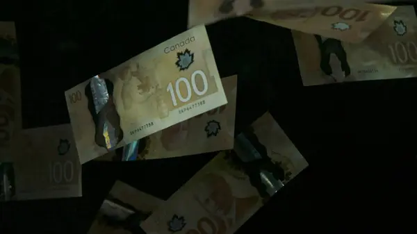 Repülő amerikai kanadai dollár bankjegyek, fekete háttérrel. Kiváló minőségű csökkenő dollárbankjegyek Stock Fotó