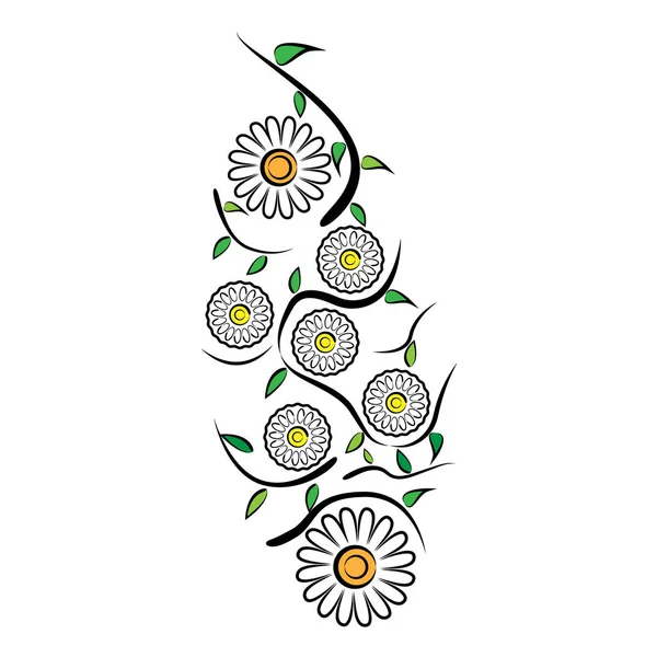 Pattern of chamomile flowers, leaves, stems on white background — Stock Vector
