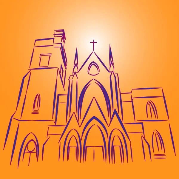Dibujo de un templo católico sobre un fondo naranja — Archivo Imágenes Vectoriales