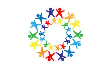 Bir daire içinde küçük adam beyaz bir arka plan üzerinde aynı çemberi ile vektör logosu kaldırdı kollarını ve bacaklarını yaymak ayrı gökkuşağının bütün renkleri birçok insan figürleri ile düzenlenen