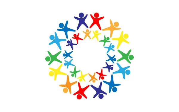 Bir daire içinde küçük adam beyaz bir arka plan üzerinde aynı çemberi ile vektör logosu kaldırdı kollarını ve bacaklarını yaymak ayrı gökkuşağının bütün renkleri birçok insan figürleri ile düzenlenen