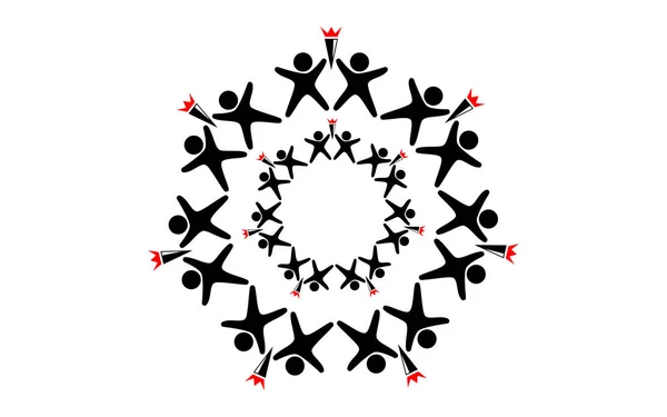 Векторный логотип набора черных фигурок маленьких человечков, расположенных вокруг круга с факелами в руках с тем же кругом черных мужчин с факелами внутри на белом фоне — стоковый вектор